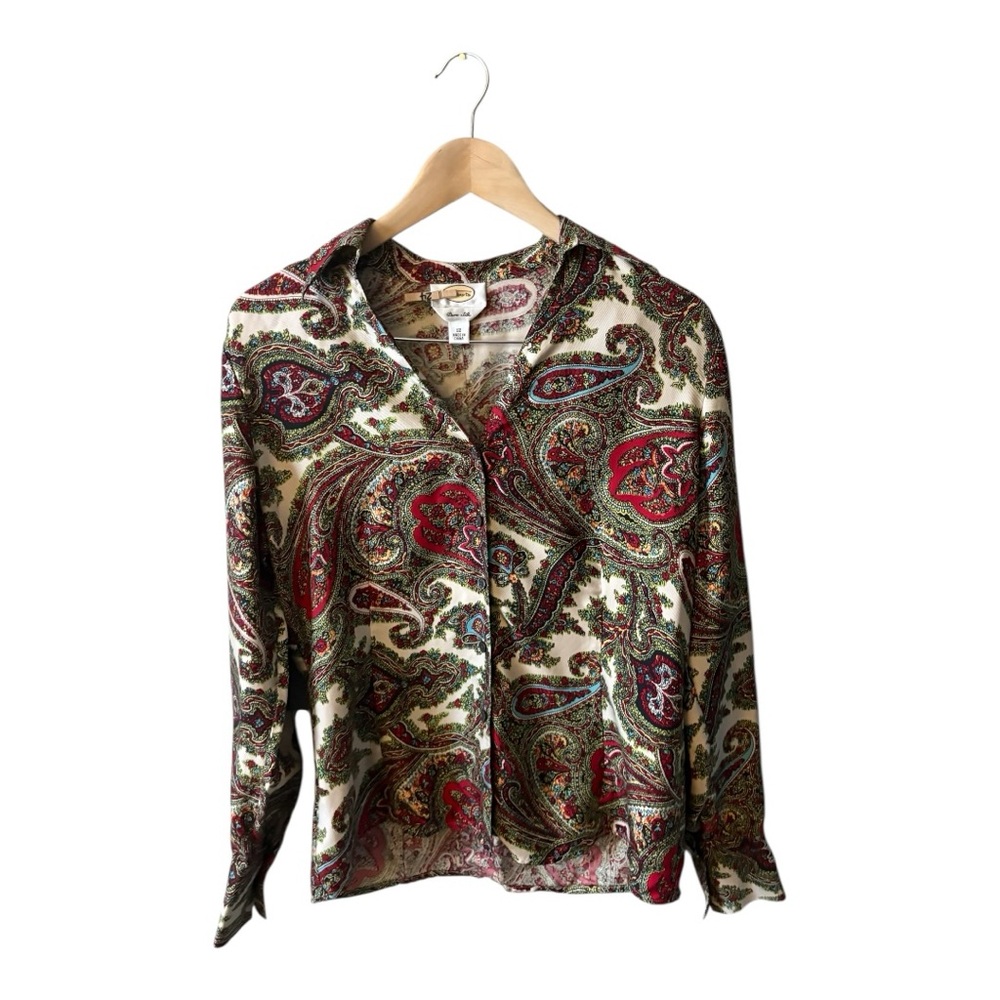 Vintage Talbots 100% Silk Paisley Blouse Size 12 Fitted Button Front Top